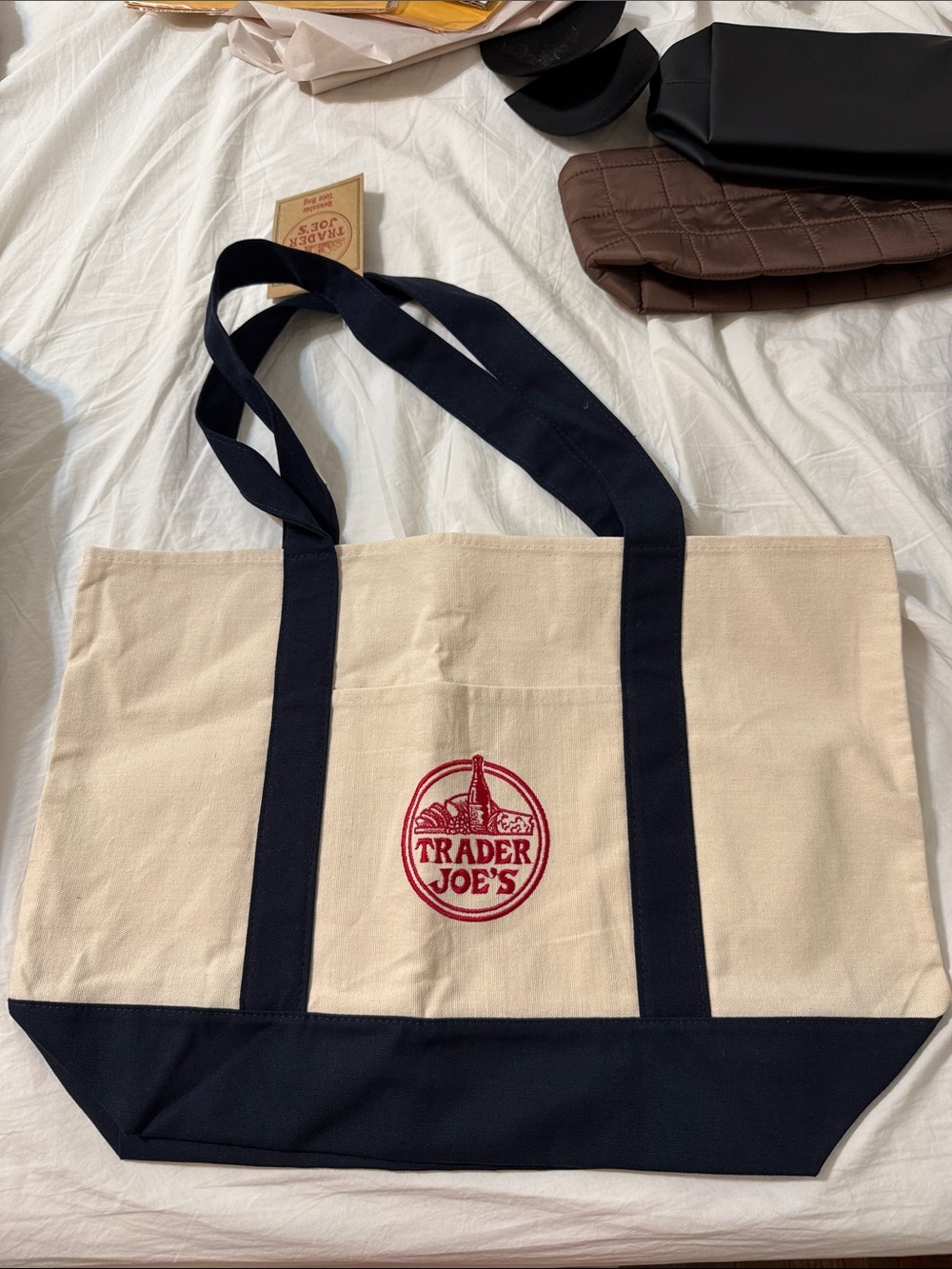 Trader Joe's Canvas Tote Bag in Cream and Navy